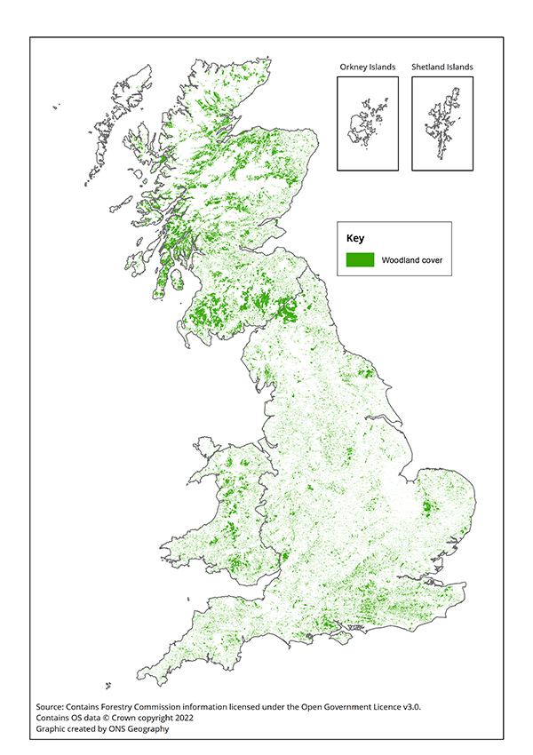 显示英国林地范围的地图，2020年