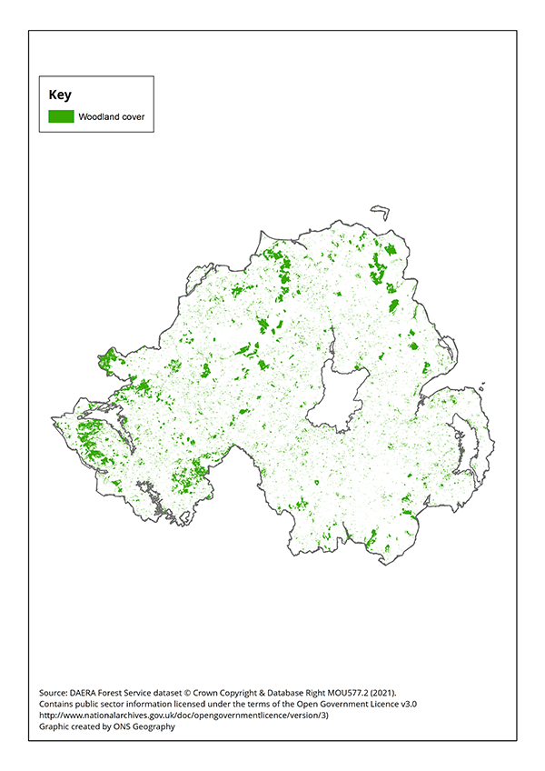 2019年北爱尔兰林地范围的地图。