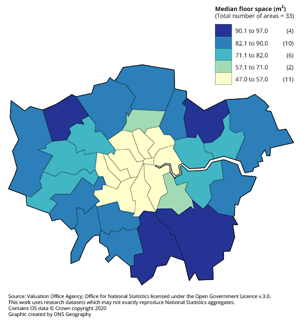 2011年伦敦各行政区建筑面积中位数。