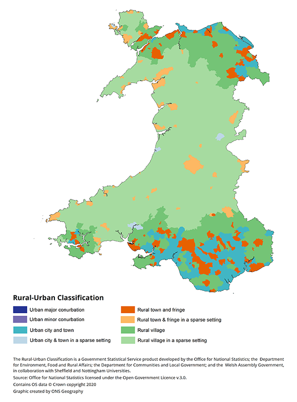 下层超级产出区的城乡分类，威尔士，2011。