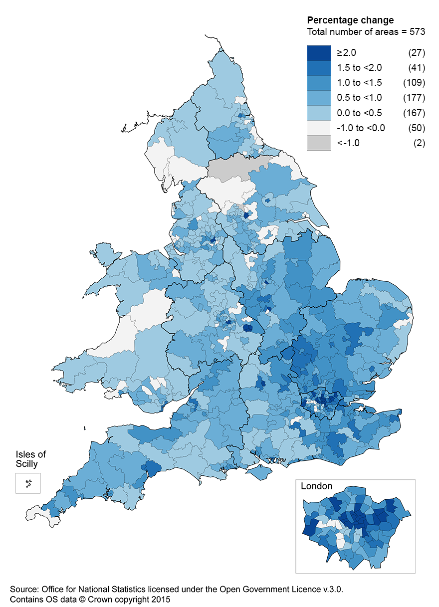 在过去的一年里，人口增长最多的议会选区是伦敦的Poplar和Limehouse，增长了5.3%。伦敦以外地区人口增幅最大的是利兹中心，为3.3%。在过去一年中，伦敦的Poplar和Limehouse选区人口增幅最大，为5.3%。伦敦以外地区涨幅最大的是利兹中央(Leeds Central)，为3.3%