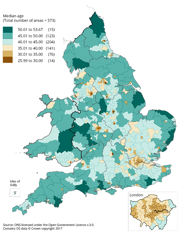 2016年年中威斯敏斯特议会选区的人口年龄中位数